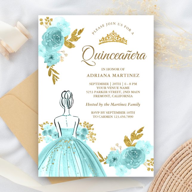Aquamarines Blumenkleid Princess Gold Quinceanera Einladung (Von Creator hochgeladen)