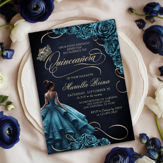 Aquamarines Blumenkleid Quinceañera Einladung