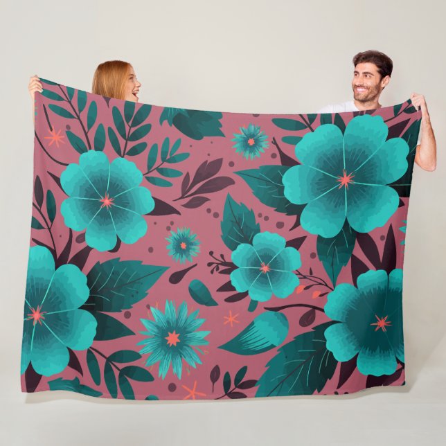 Aquamarines Blumenmuster auf Maroon-Hintergrund Fleecedecke (Beispiel)