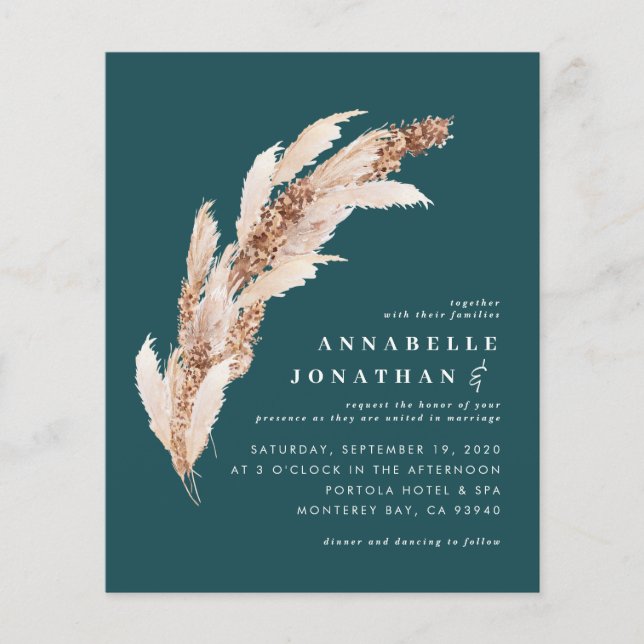 Aquamarines Boho Pampas Hochzeit laden Sie ein Flyer (Vorne)
