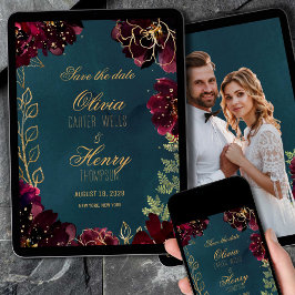 Aquamarines Bordeaux Jewel Tone Foto Save the Date Einladung