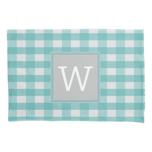Aquamarines Buffalo-Kariert-Monogramm-Pillowcase Kissenbezug (Vorderseite)