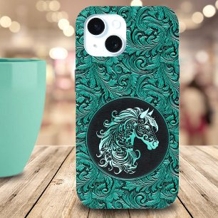Aquamarines Cowgirl mit Blumenwerkstoff aus Leder Case-Mate iPhone Hülle