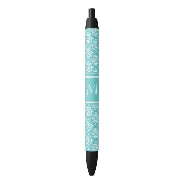 Aquamarines Damast-Muster 1 mit Monogramm Kugelschreiber (Vorderseite Vertikal)