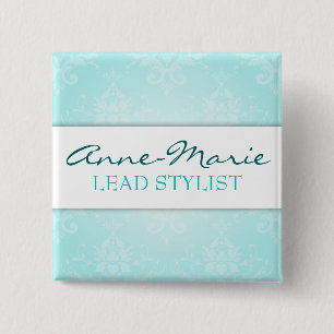 Aquamarines Damast-Salon-Namen-Abzeichen Button