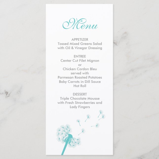Aquamarines Dandelion Wedding Menu Menükarte (Vorderseite)