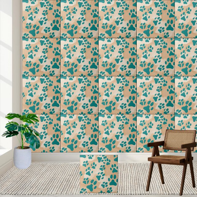 Aquamarines Druckmuster Fliese (Teal Paw Print Pattern Tile)