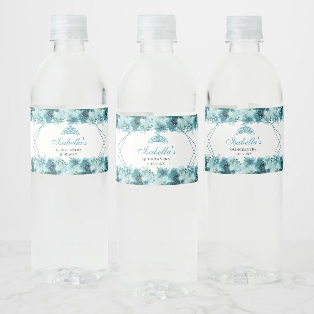 Aquamarines florales Quinceanera Wasserflasche Wasserflaschenetikett (Flaschen)