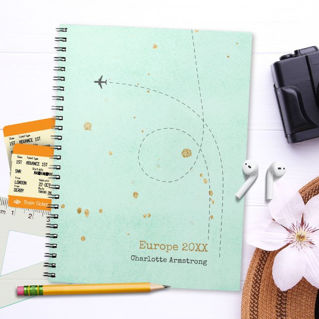 Aquamarines Flugzeug - Ihr Name Gold Reise Notizblock (Light Teal Airplane Your Name Gold Travel Notebook ©Susanne Sachers - Sunny Wanderlust 🌞✈️)