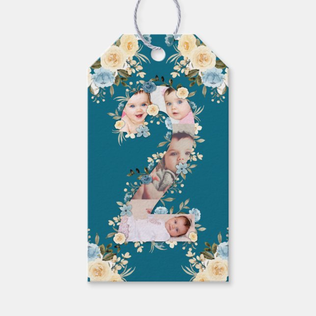 Aquamarines Foto 2. Geburtstag Collage Blue Yellow Geschenkanhänger (Vorderseite)