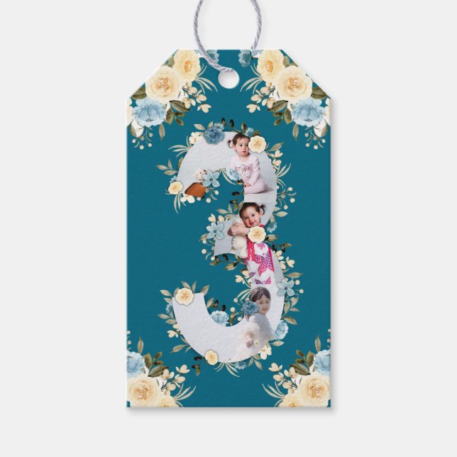 Aquamarines Foto 3. Geburtstag Collage Blue Yellow Geschenkanhänger (Vorderseite)