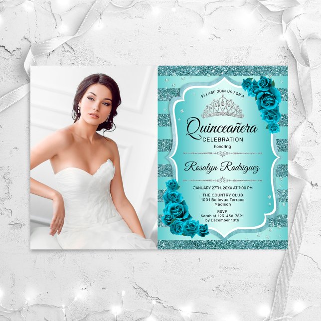 Aquamarines Foto Elegante Quinceanera Einladung (Von Creator hochgeladen)
