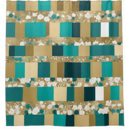 Aquamarines geometrisches Muster in Grün und Gold Duschvorhang