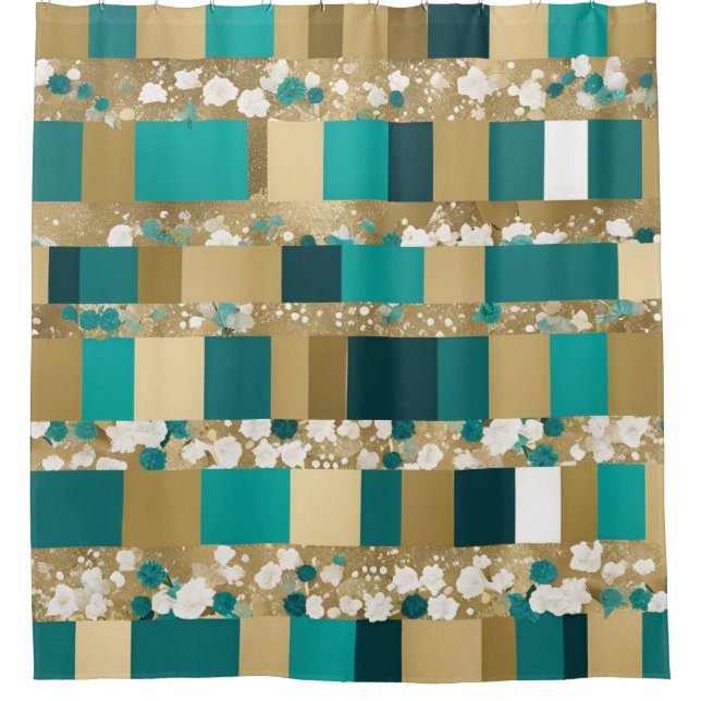 Aquamarines geometrisches Muster in Grün und Gold  Duschvorhang (Vorderseite)