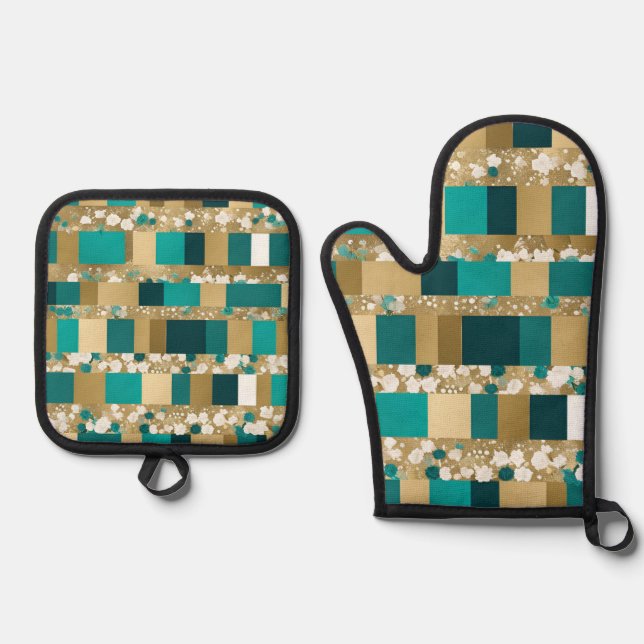 Aquamarines geometrisches Muster in Grün und Gold  Ofenhandschuh & Topflappen-Set (Vorderseite)
