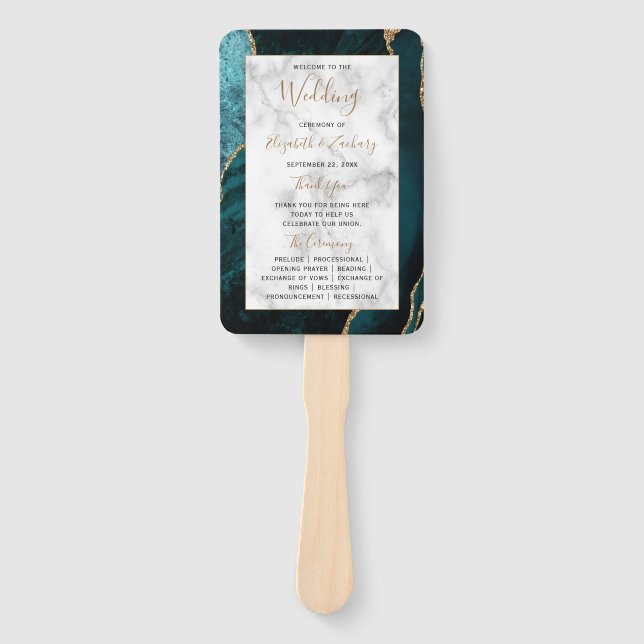 Aquamarines Gold Agate Marble Wedding Programm Fächer (Vorderseite)
