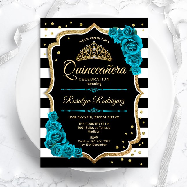 Aquamarines Gold Black Elegante Quinceanera Einladung (Von Creator hochgeladen)