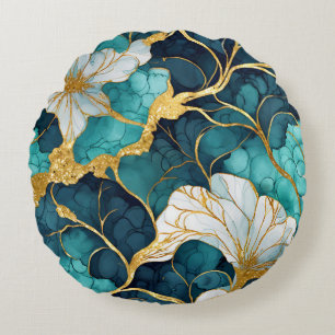 Aquamarines Gold der japanischen Flora Rundes Kissen