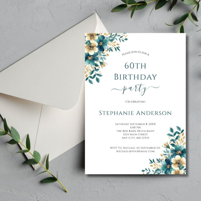 Aquamarines Gold Elegant Wasserfarben Flora 60. Ge Einladung (Teal gold watercolor florals 60th ( or any year ) elegant birthday party invitation. Printed or Digi)