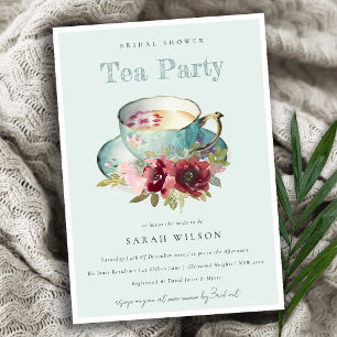 Aquamarines Gold Floral Teacup Brautparty Teezerem Einladung