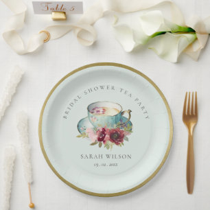 Aquamarines Gold Floral Teacup Brautparty Teezerem Pappteller