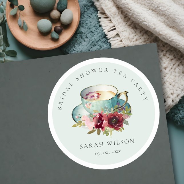 Aquamarines Gold Floral Teacup Brautparty Teezerem Runder Aufkleber (Von Creator hochgeladen)