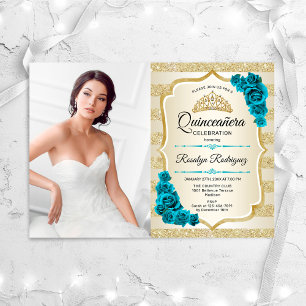 Aquamarines Gold Foto Elegante Quinceanera Einladung