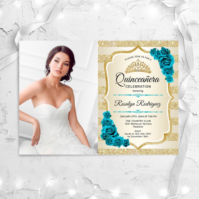 Aquamarines Gold Foto Elegante Quinceanera Einladung (Von Creator hochgeladen)