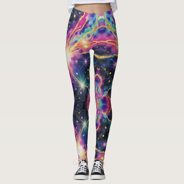Aquamarines Gold gegen eine tiefe Hintergrundgalax Leggings (Vorderseite)