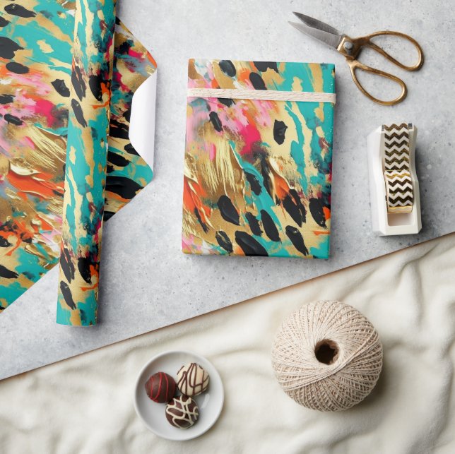 Aquamarines Gold Pink Leopard Paint Geschenkpapier (Kunsthandwerk)