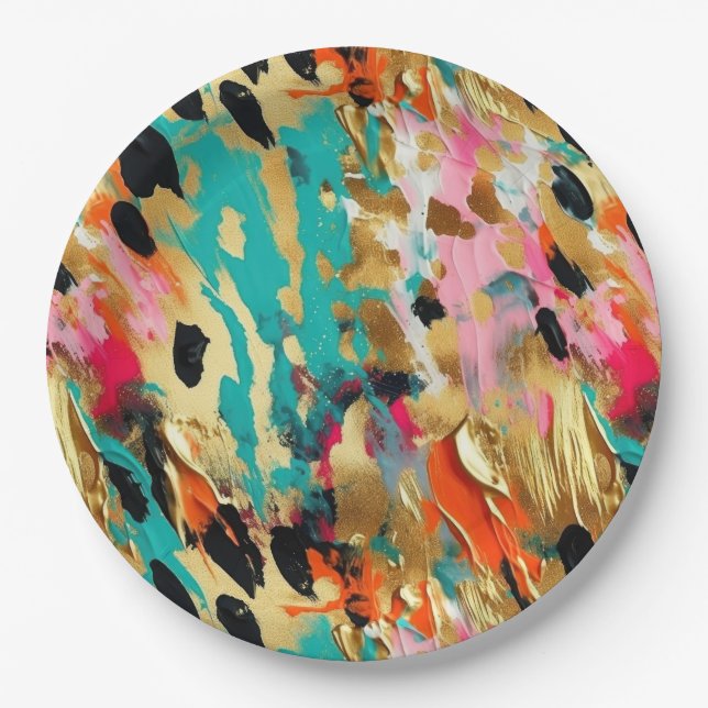 Aquamarines Gold Pink Leopard Paint Pappteller (Vorderseite)