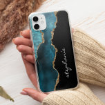 Aquamarines Gold Watercolor Agate Personalisiert Case-Mate iPhone Hülle<br><div class="desc">Dieses trendige Handy-Gehäuse zeichnet sich durch ein elegantes Design in aquamariner Aquarellfarbe aus,  mit Imitate Gold Glitzer Highlights. Personalisieren Sie es mit Ihrem Namen in einem Pinselskript im weißen handgeschriebenen Stil.</div>