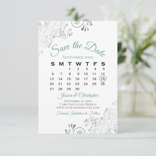 Aquamarines Grau und Weiß Einfache Hochzeitskalend Save The Date (Stehend Vorderseite)