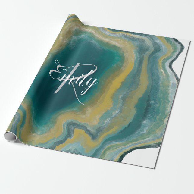 Aquamarines Green Agate Marble Abstrakt Name Monog Geschenkpapier (Ungerollt)