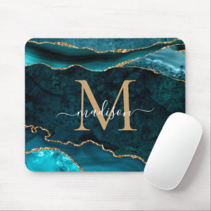 Aquamarines Green Gold Sparkle Agate Geode Monogra Mousepad