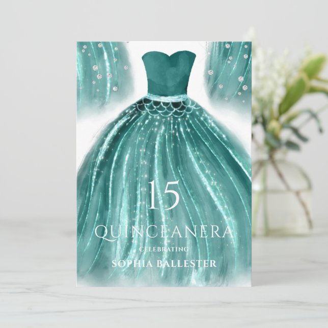 Aquamarines Green Mermaid Dress Quinceanera Party Einladung (Stehend Vorderseite)