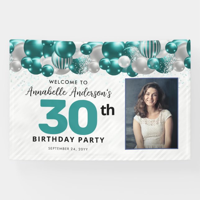 Aquamarines Green Silver Balloon Glitzer Foto Will Banner (Horizontal)