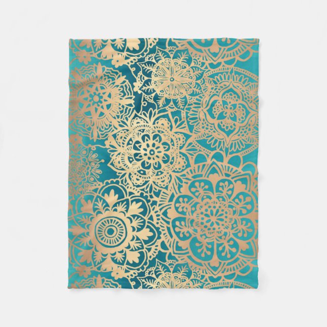 Aquamarines Green und Gold Mandala Muster Fleecedecke (Vorderseite)