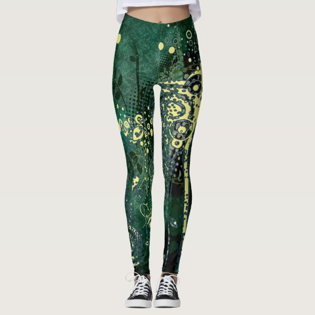 Aquamarines Grün und Gelb Abstraktes Grunge-Muster Leggings (Vorderseite)