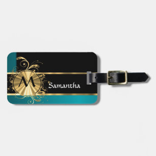 Aquamarines grünes Gold und schwarzes Monogramm Gepäckanhänger