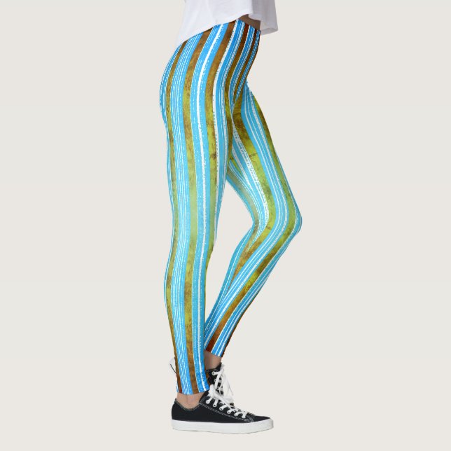 Aquamarines, grünes und weißes Streifenmuster Leggings (Rechts)