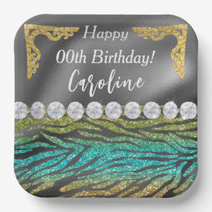 Aquamarines grünes Zebra Print & Gold Silber Gebur Pappteller