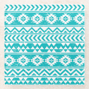 Aquamarines Grunge-Aztec-Stammmuster Glasuntersetzer