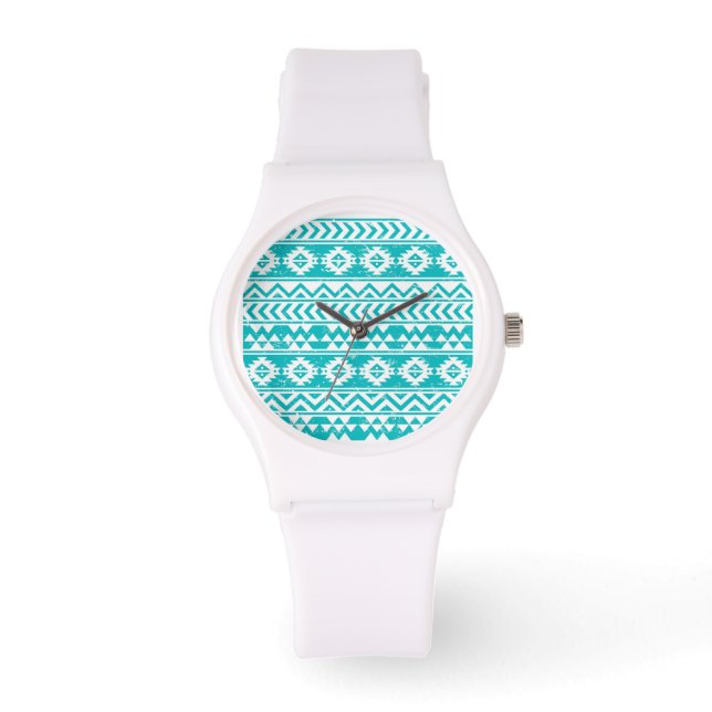 Aquamarines Grunge Aztec Tribal Muster Armbanduhr (Vorderseite)
