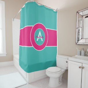 Aquamarines heißes Rosa-Monogramm personalisiert Duschvorhang