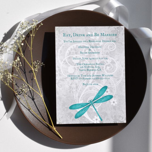 Aquamarines Hochzeitsessen der Drachenfliege - Ein Einladung (Teal Dragonfly Wedding Rehearsal Dinner Invitation)