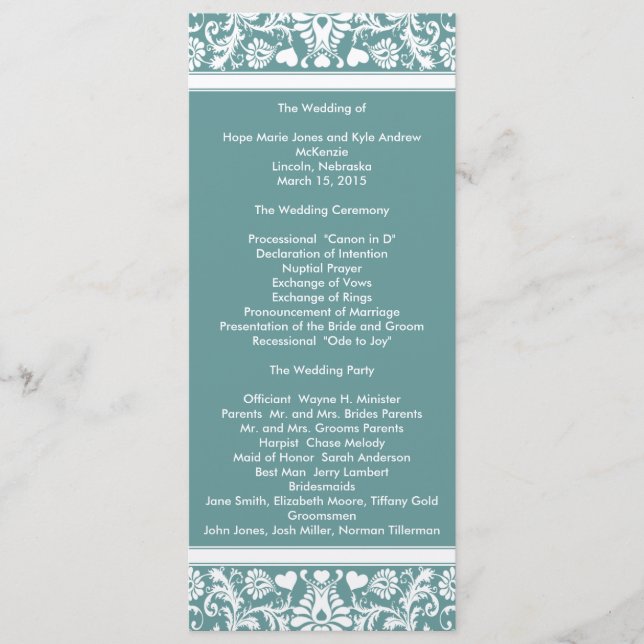 Aquamarines Hochzeitsprogramm für Aqua Blue Damask Programm (Vorderseite)