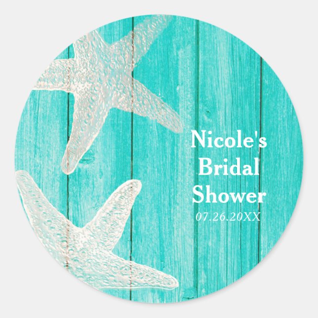 Aquamarines Holz & Starfish Beach Elegantes Tropis Runder Aufkleber (Vorderseite)