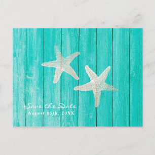 Aquamarines Holz & Starfish Strand Elegant Save th Ankündigungspostkarte