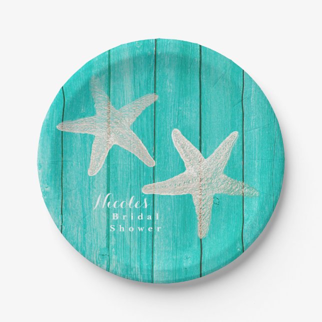 Aquamarines Holz & Starfish Strand Elegant Tropisc Pappteller (Vorderseite)